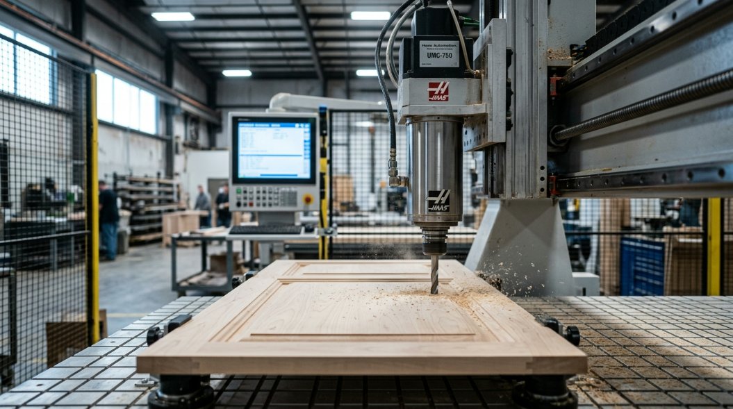 A modern American factory floor showing automated CNC machines cutting high-quality kitchen cabinet doors with a focus on precision and craftsmanship.