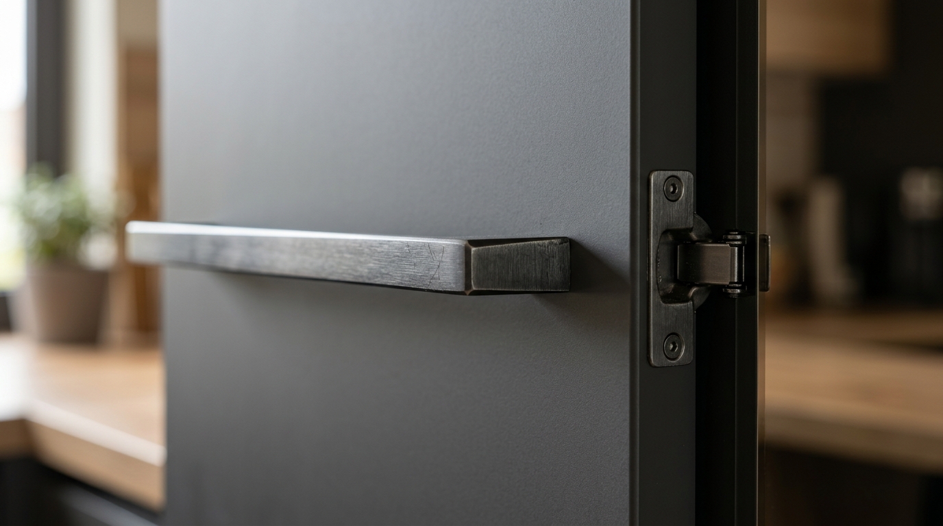 A close-up shot of elegant grey cabinet hardware, such as handles and hinges, installed on a sleek modern kitchen cabinet door.
