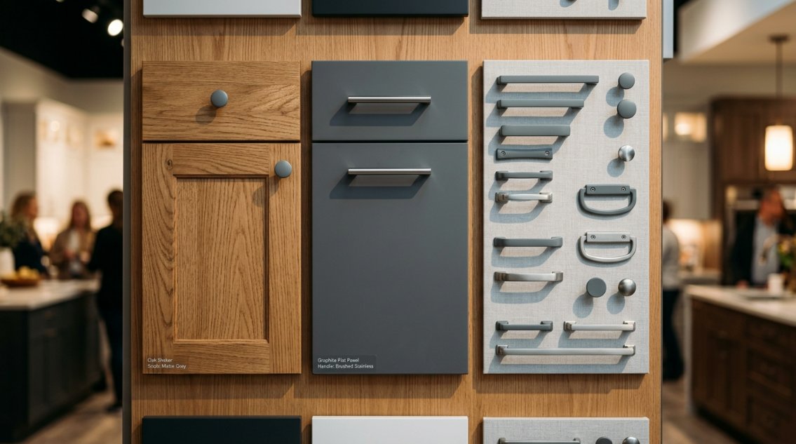 A professional display of various cabinet door styles (shaker, flat panel) next to a set of grey kitchen hardware accessories in a showroom setting.