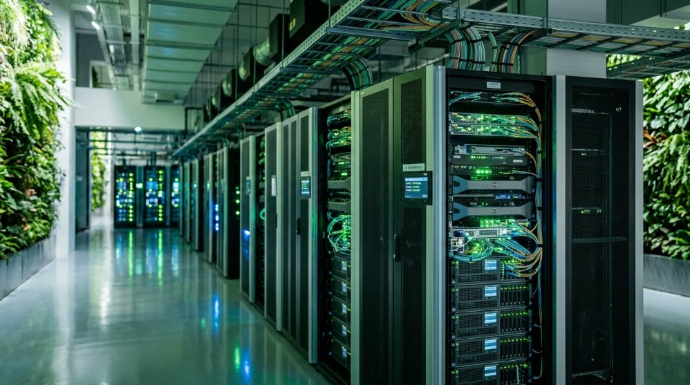 A futuristic, energy-efficient green data center in Singapore filled with server racks glowing with soft green and blue lights, with fiber optic cables cleanly routed.