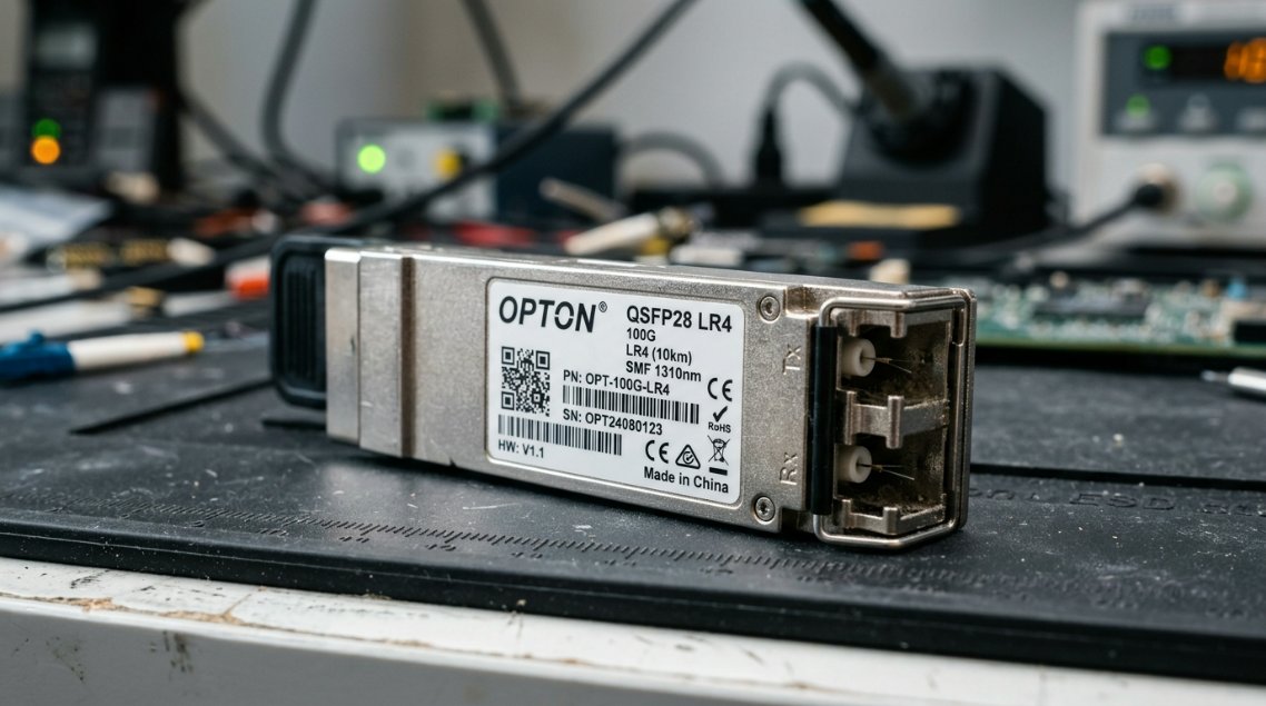 Close-up photo of an Opton 100G QSFP28 LR4 optical transceiver module showing the sleek metallic casing, LC duplex port, and detailed technical label.
