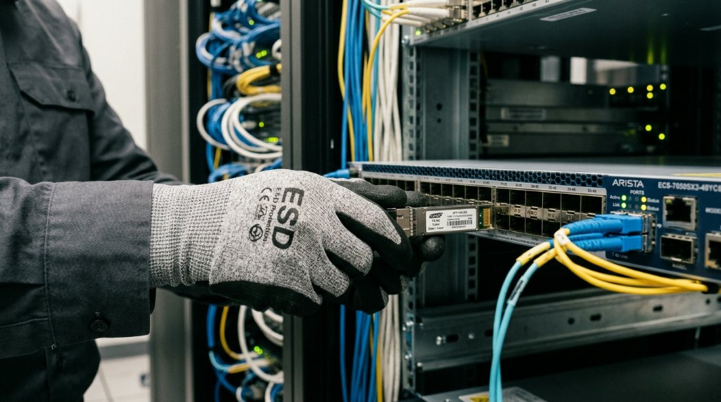 An engineer wearing ESD protection gloves installing a fiber optic transceiver into a network switch in a clean, modern server room environment.