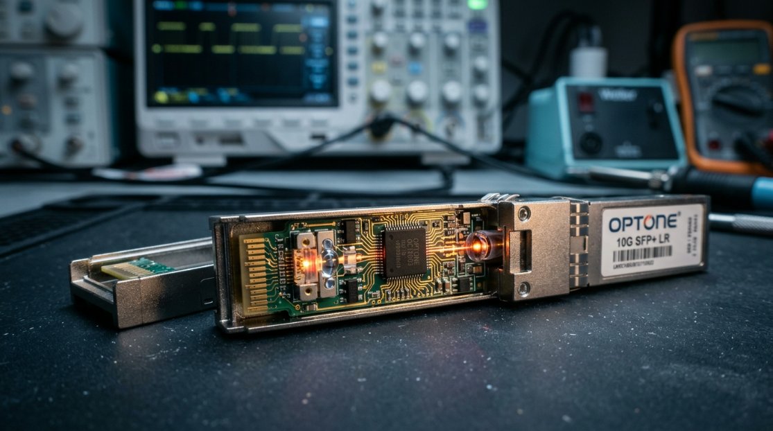 Technical visualization of an Optone 10G SFP+ transceiver with highlighted lasers, optical components, and an integrated microprocessor showing real-time signal adjustments using the Optone Intelligent Control Protocol.