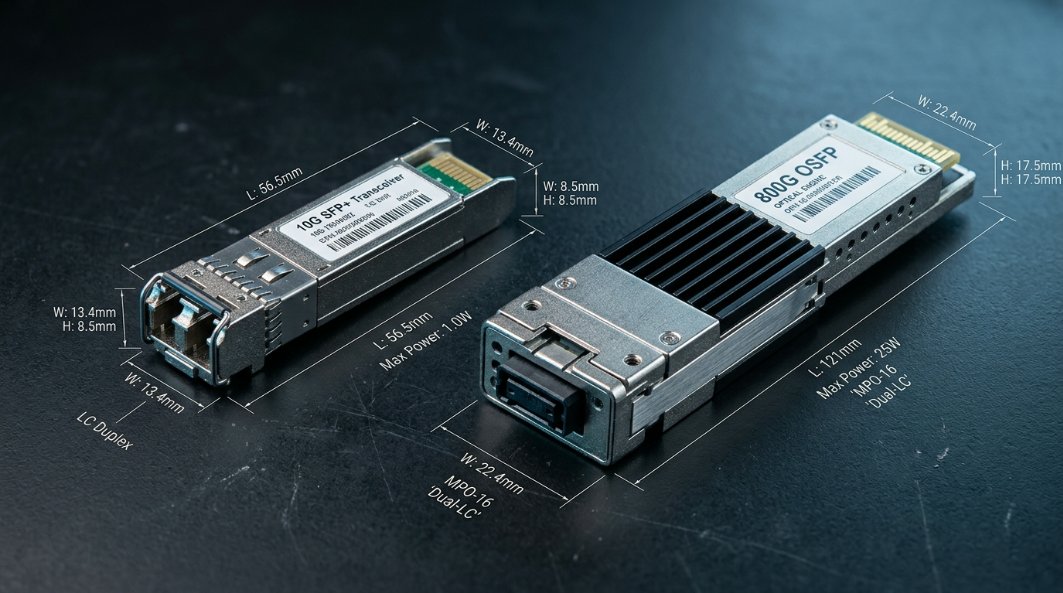 A close-up schematic comparing a 10G SFP+ module against a larger 800G transceiver, clearly highlighting structural dimensions, power dissipation values, and fiber connector types.
