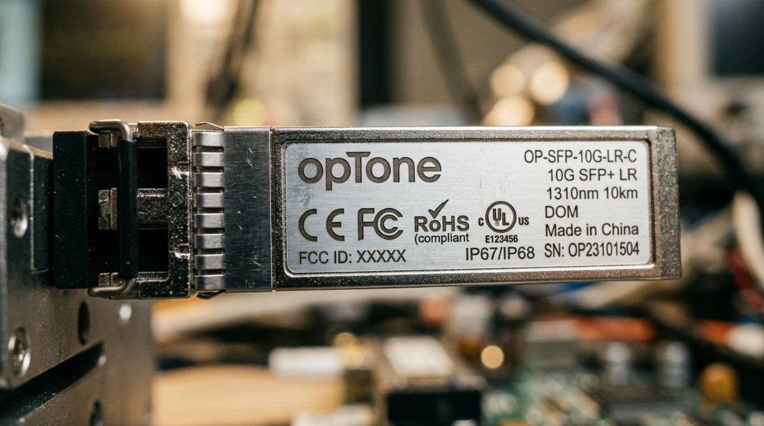 Photo showing certified test labels of UL, CE, RoHS, FCC, and IP67/IP68 markings cleanly stamped onto the metallic casing of high-quality Optone optical transceivers.